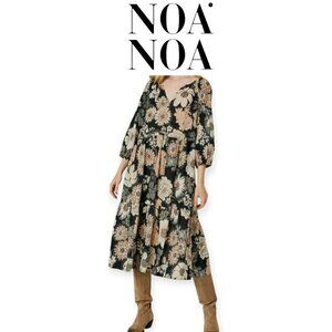 Noa Noa Organic Cotton Floral Dress Cottagecore Fairycore Boho Chic V-Neck 3/4 S